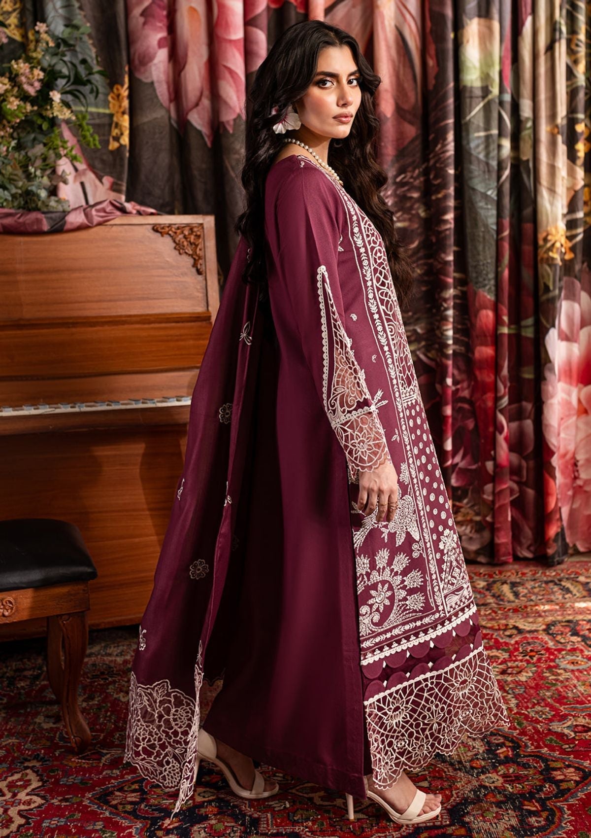 QALAMQAR-3PC CHIKANKAARI LAWN CUTWORK EMBROIDERED SHIRT WITH LAWN EMBROIDERED CUTWORK DUPATTA AND TROUSER-ADR-3642