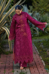RANG RASIYA-3PC LAWN CHIKAN EMBROIDERED SHIRT WITH KHADDI NET EMB DUPATTA AND EMB TROUSER-ADR-4885