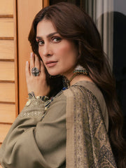 IZEL-3PC DHANAK EMBROIDERED SHIRT WITH COUTRAI PRINTED SHAWL AND TROUSER-ADR-5328