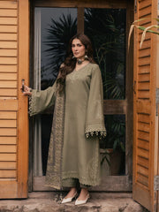 IZEL-3PC DHANAK EMBROIDERED SHIRT WITH COUTRAI PRINTED SHAWL AND TROUSER-ADR-5328