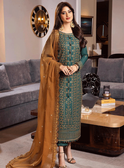 ASIM JOFA-3PC DHANAK EMBROIDERED SHIRT WITH CHIFFON EMBROIDERED DUPATTA AND TROUSER -ADR-4153