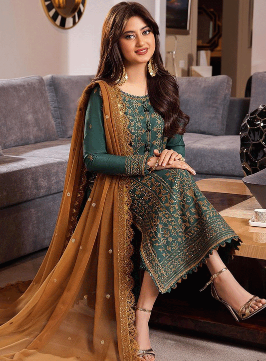 ASIM JOFA-3PC DHANAK EMBROIDERED SHIRT WITH CHIFFON EMBROIDERED DUPATTA AND TROUSER -ADR-4153