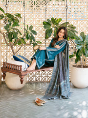 IZEL-3PC DHANAK EMBROIDERED SHIRT WITH COURTRAI PRINTED SHAWL & TROUSER-ADR-4387