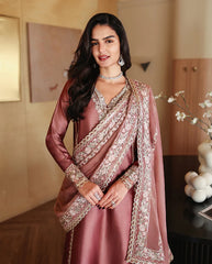 MUSHQ-3PC-RAW SILK HAND EMB EMBELLISHED SHIRT WITH SOFT SILK EMB DUPATTA AND RAW SILK TROUSER-ADR-5214