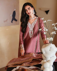MUSHQ-3PC-RAW SILK HAND EMB EMBELLISHED SHIRT WITH SOFT SILK EMB DUPATTA AND RAW SILK TROUSER-ADR-5214