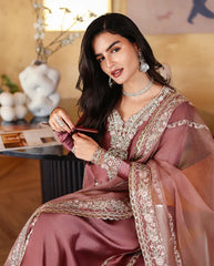 MUSHQ-3PC-RAW SILK HAND EMB EMBELLISHED SHIRT WITH SOFT SILK EMB DUPATTA AND RAW SILK TROUSER-ADR-5214