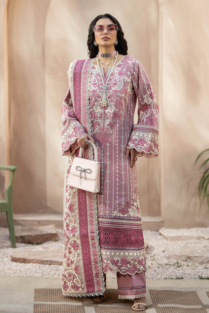 QALAMQAR-3PC CHIKANKAARI LAWN CUTWORK EMBROIDERED SHIRT WITH NET EMBROIDERED CUTWORK DUPATTA AND TROUSER-ADR-3599