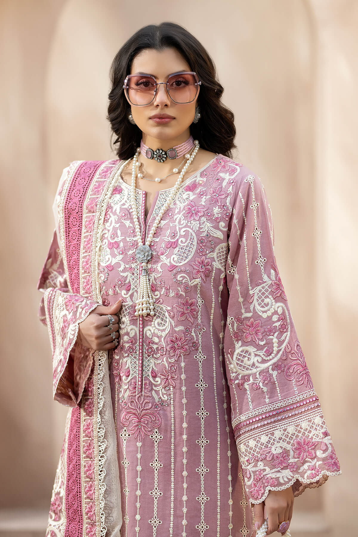 QALAMQAR-3PC CHIKANKAARI LAWN CUTWORK EMBROIDERED SHIRT WITH NET EMBROIDERED CUTWORK DUPATTA AND TROUSER-ADR-3599