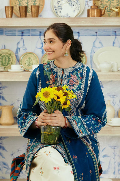 ZAHRA SHAHJAHAN- 3PC DHANAK EMBROIDERED SHIRT WITH WOOL PRINT SHAWL-ADR-4072