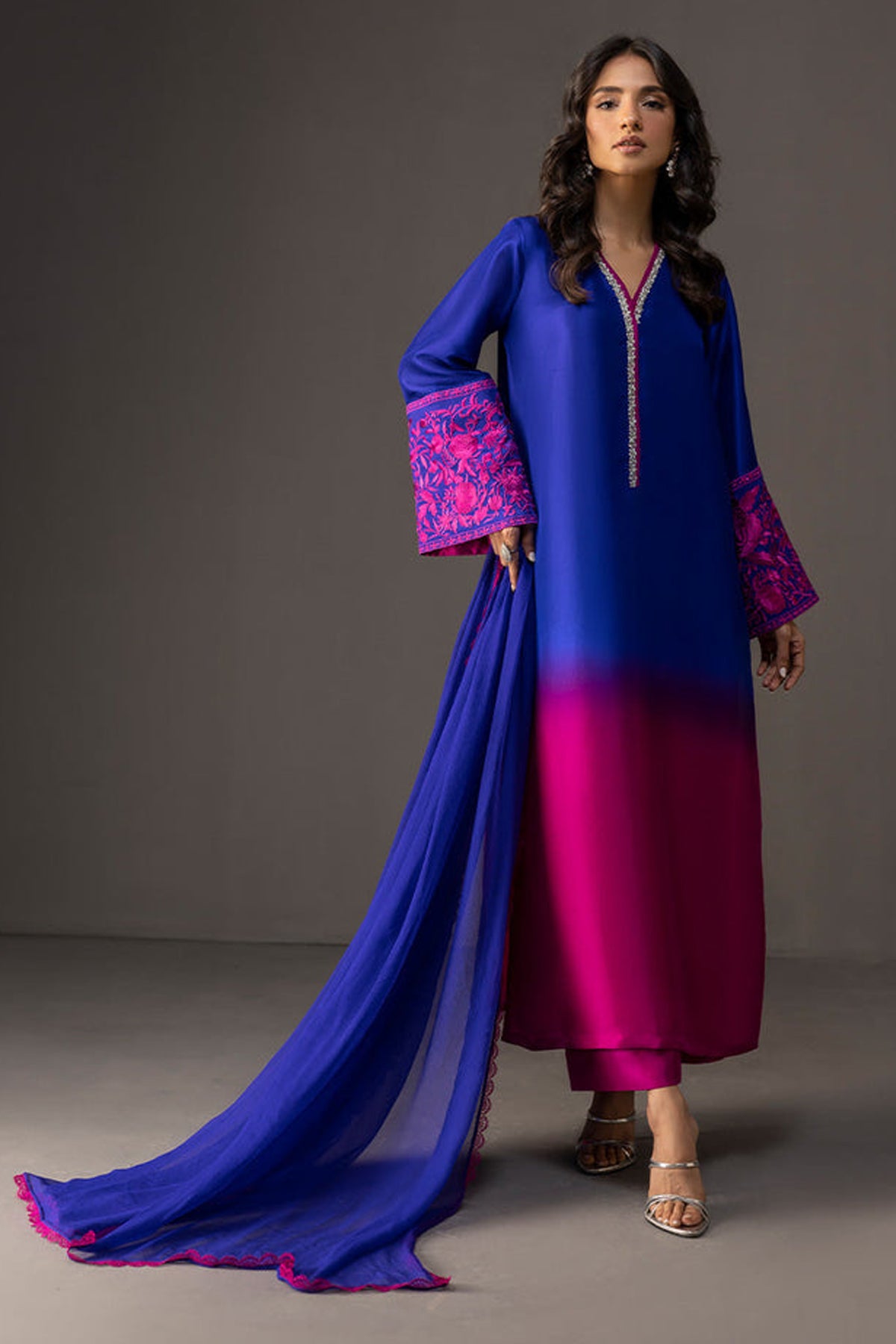 ZAINAB CHOTTANI-3PC SHAMOZE SILK PRINTED EMB SHIRT WITH SOFT SILK PRINTED DUPATTA & TROUSER-ADR-4332