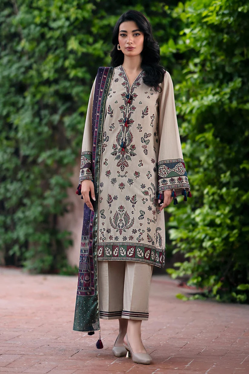 JAZMIN-3PC DHANAK EMBROIDRED SHIRT WITH WOOL PRINT SHAWL AND TROUSER-ADR-3315