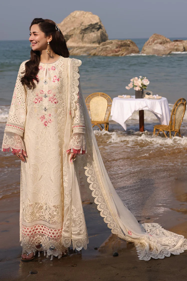 QALAMQAR-3PC LAWN CHIKANKARI EMBROIDERED SHIRT WITH KHADDI NET EMB DUPATTA AND TROUSER-ADR-4663