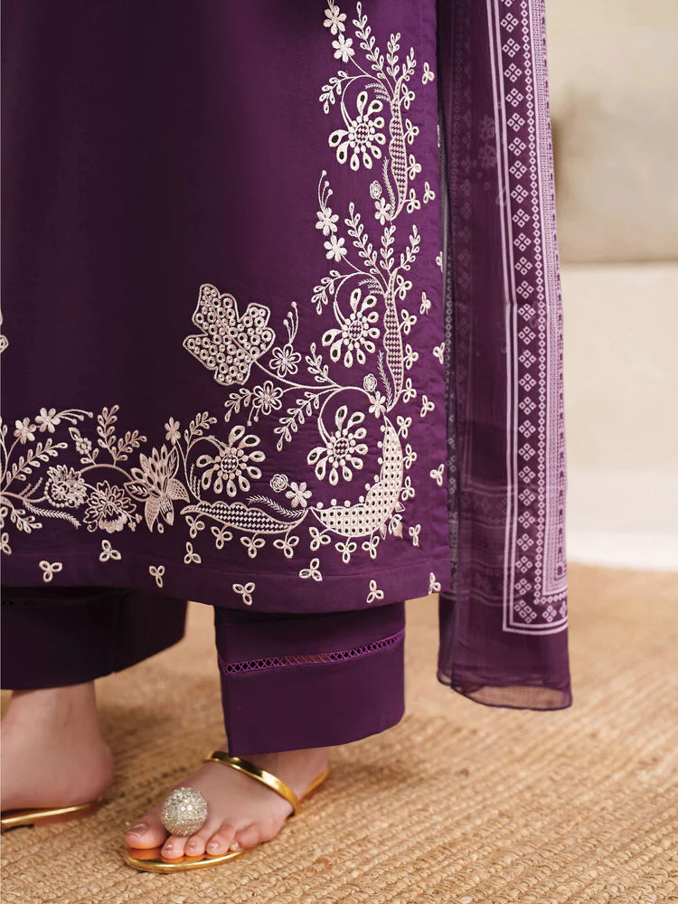 GARNET-3PC DHANAK EMBROIDERED SHIRT WITH COURTRAI PRINTED SHAWL AND TROUSER-ADR-4305