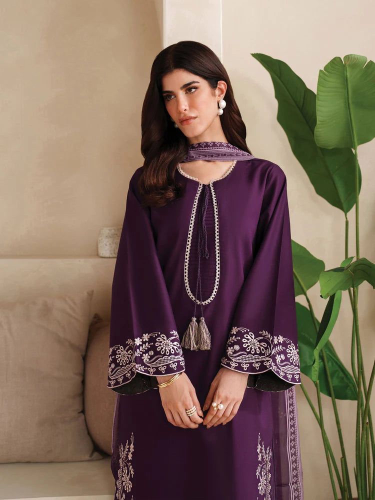 GARNET-3PC DHANAK EMBROIDERED SHIRT WITH COURTRAI PRINTED SHAWL AND TROUSER-ADR-4305