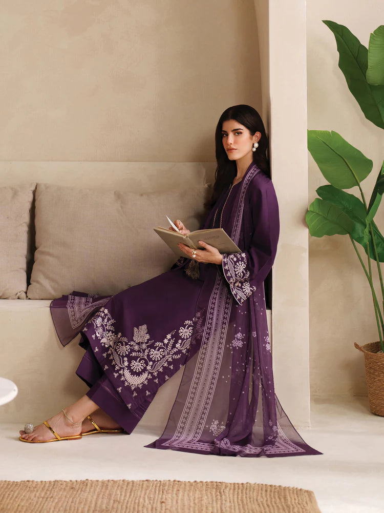 GARNET-3PC DHANAK EMBROIDERED SHIRT WITH COURTRAI PRINTED SHAWL AND TROUSER-ADR-4305
