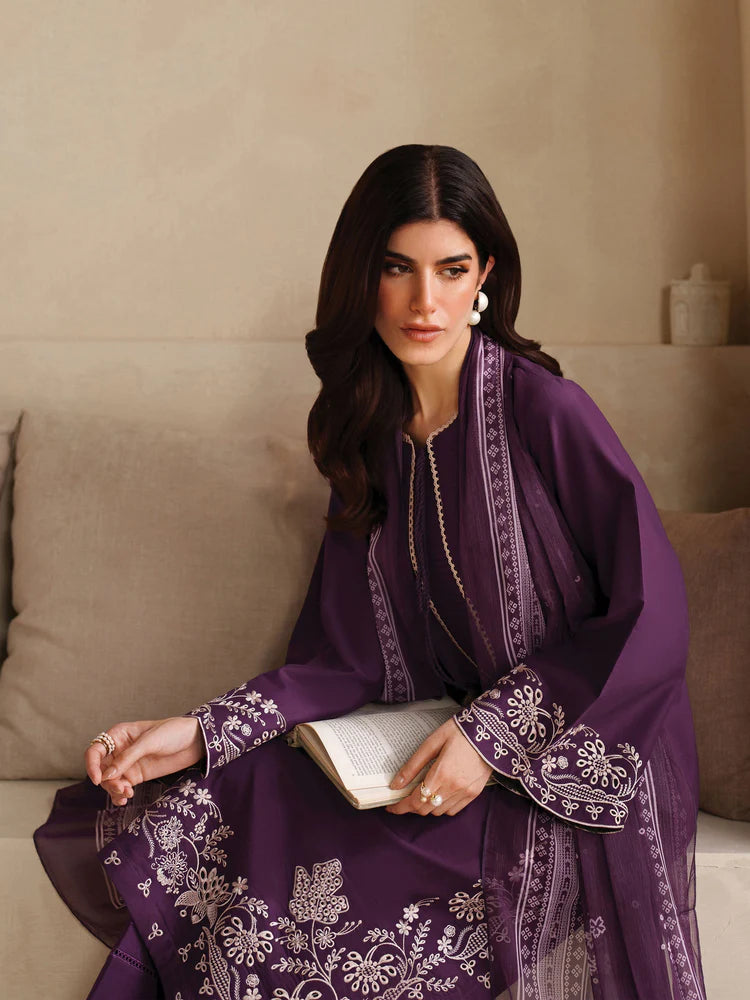 GARNET-3PC DHANAK EMBROIDERED SHIRT WITH COURTRAI PRINTED SHAWL AND TROUSER-ADR-4305