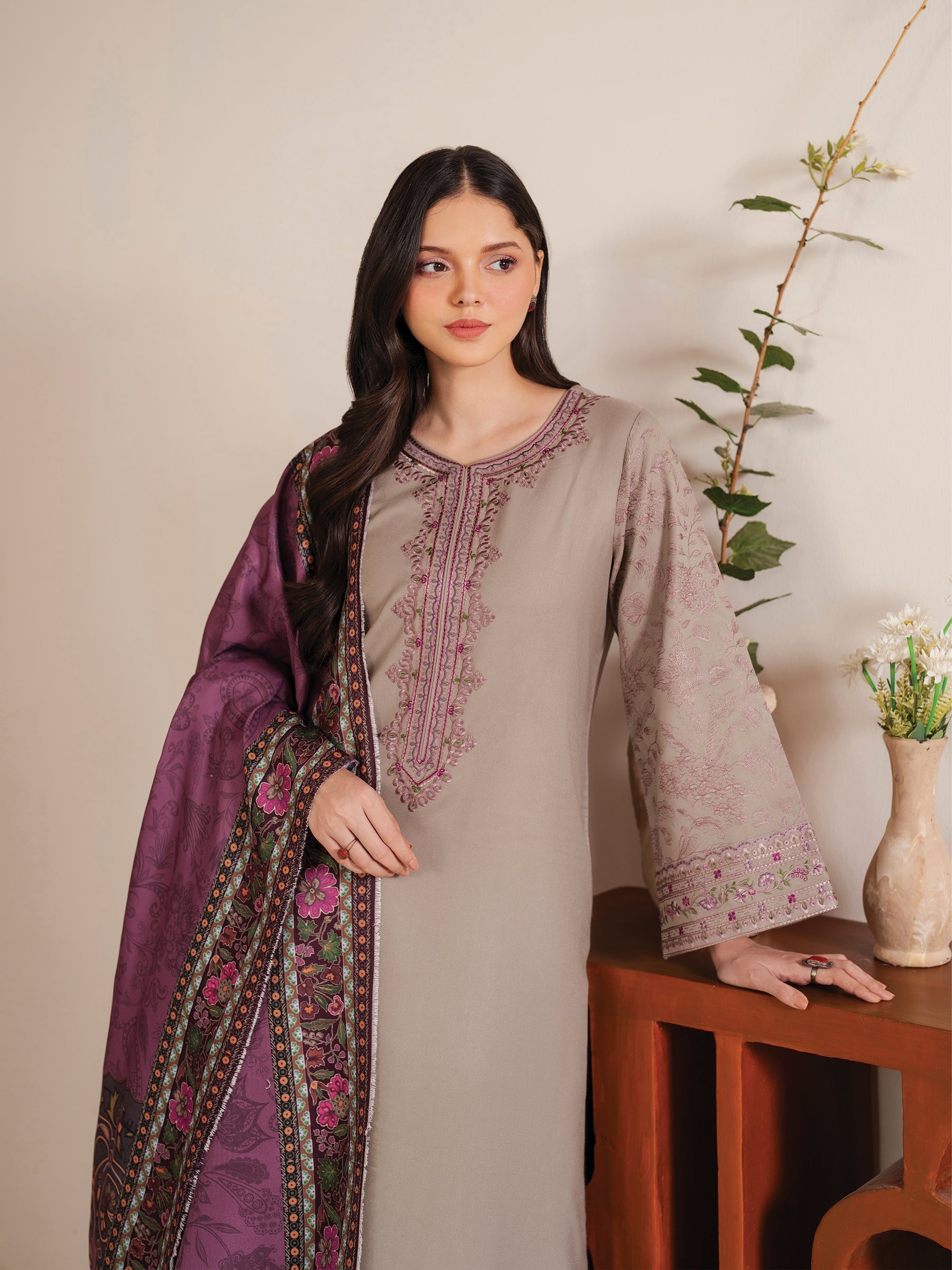 GARNET-3PC LAWN EMBROIDERED SHIRT WITH MONARK PRINT DUPATTA AND TROUSER-ADR-3538