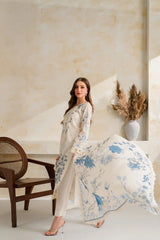 VINTAGE-3PC DHANAK EMBROIDERED SHIRT WITH COURTRAI PRINTED EMB SHAWL AND TROUSER-ADR-5228