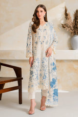 VINTAGE-3PC DHANAK EMBROIDERED SHIRT WITH COURTRAI PRINTED EMB SHAWL AND TROUSER-ADR-5228
