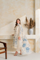 VINTAGE-3PC DHANAK EMBROIDERED SHIRT WITH COURTRAI PRINTED EMB SHAWL AND TROUSER-ADR-5228