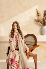 VINTAGE-3PC DHANAK EMBROIDERED SHIRT WITH CHIFFON TYE&DYE DUPATTA SHAWL AND TROUSER-ADR-5222