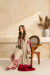 VINTAGE-3PC DHANAK EMBROIDERED SHIRT WITH CHIFFON TYE&DYE DUPATTA SHAWL AND TROUSER-ADR-5222