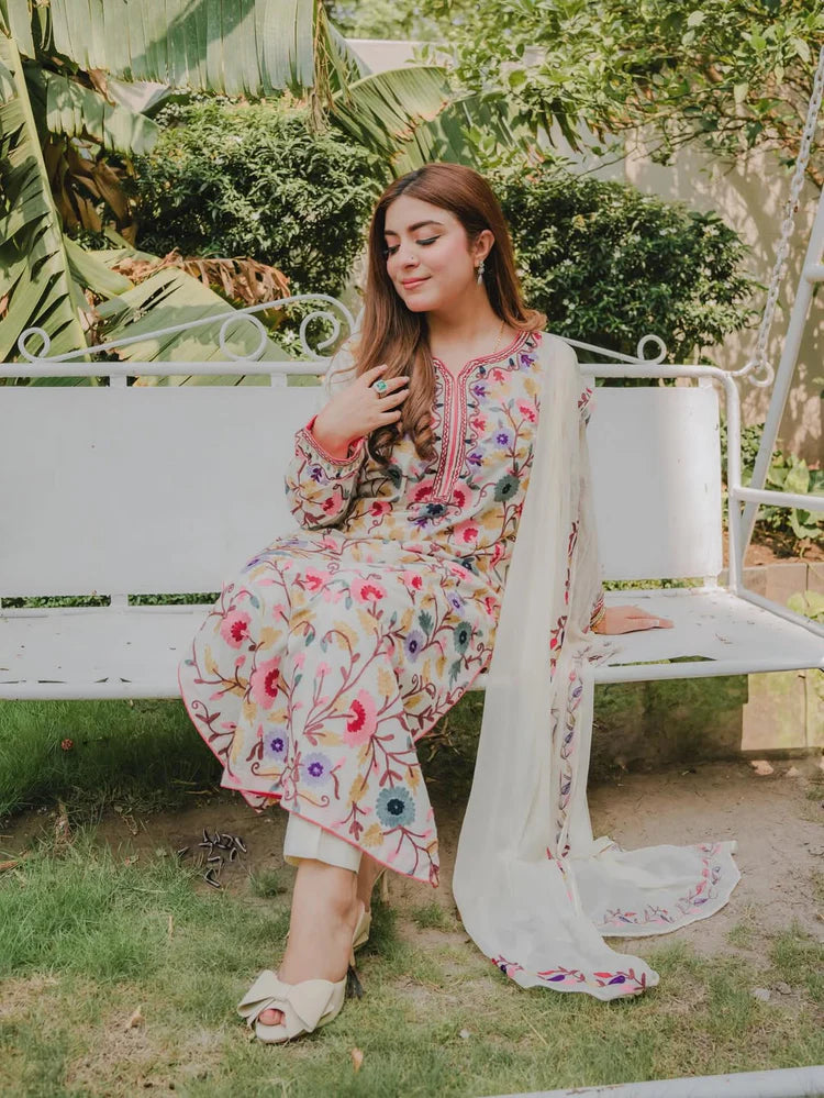 SAPPHIRE-3PC DHANAK EMBROIDERED SHIRT WITH BAMBER CHIFFON EMBROIDERED DUPATTA & TROUSER-ADR-4299
