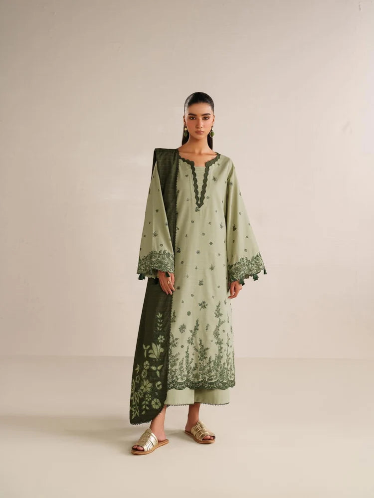 IZNIK-3PC DHANAK EMBROIDERED SHIRT DHANAK EMBROIDERED SHAWL AND TROUSER-ADR-5184