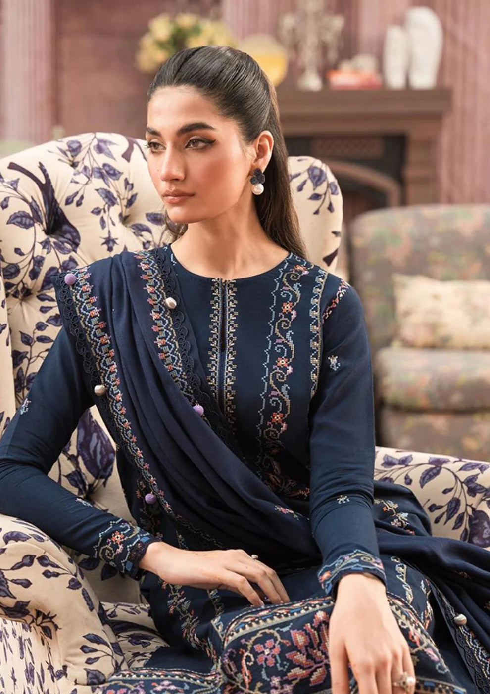 SERAN-3PC DHANAK EMBROIDERED SHIRT WITH DHANAK EMBROIDERD SHAWL-ADR-3127