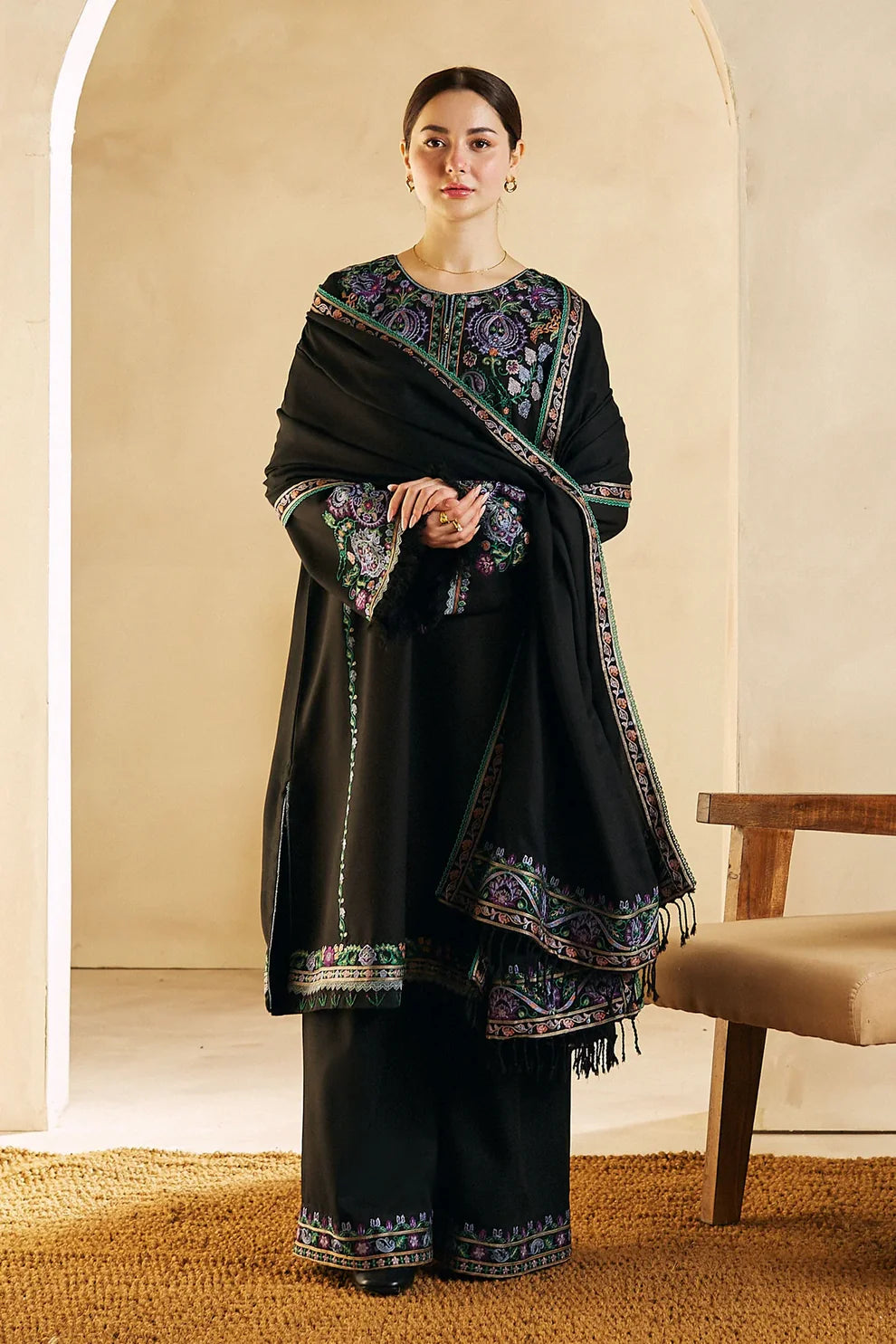 ZARA SHAH JAHAN- 3PC DHANAK EMBROIDERED SHIRT DHANAK EMBROIDERED SHAWL AND TROUSER-ADR-3140 BLACK