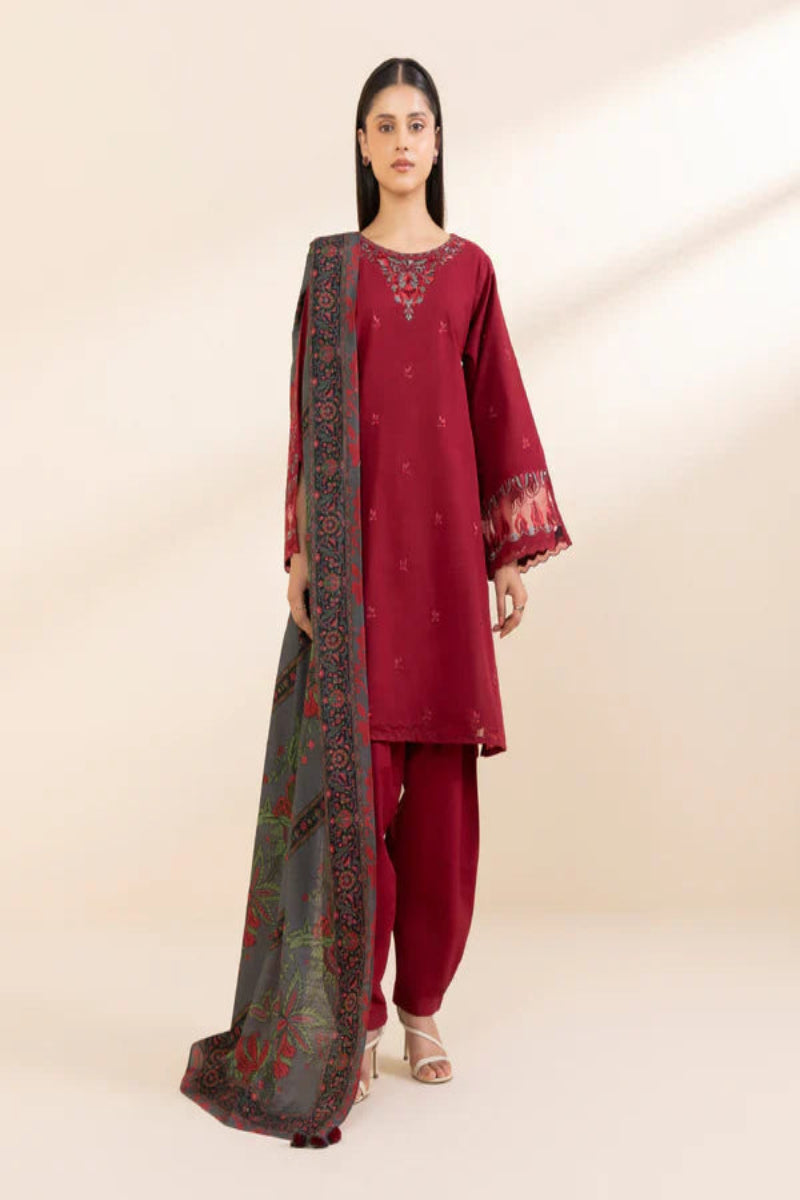 SAPPHIRE-3PC KHADAR EMBROIDERED SHIRT WITH WOOL PRINT SHAWL & TROUSER-ADR-3394