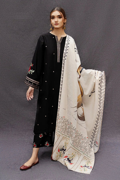 URGE-3PC DHANAK EMBROIDERED SHIRT WITH COUTRAI PRINTED SHAWL AND EMB TROUSER-ADR-4073