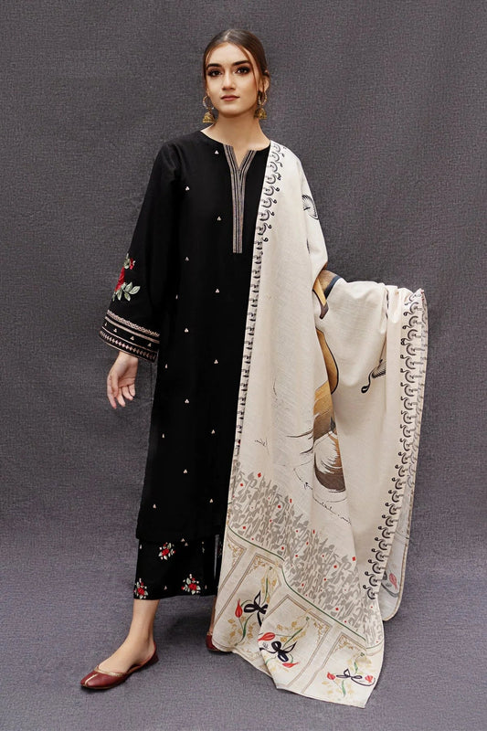 URGE-3PC DHANAK EMBROIDERED SHIRT WITH COUTRAI PRINTED SHAWL AND EMB TROUSER-ADR-4073