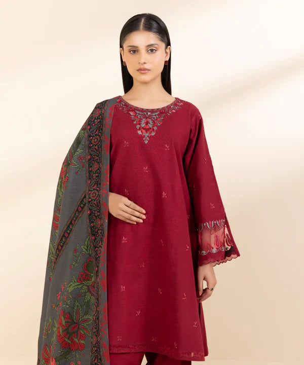 SAPPHIRE-3PC KHADAR EMBROIDERED SHIRT WITH WOOL PRINT SHAWL & TROUSER-ADR-3394