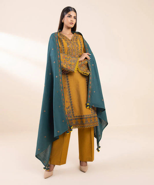 SAPPHIRE- 3PC DHANAK EMBROIDERED SHIRT WITH DHANAK EMBROIDERED SHAWL AND TROUSER-ADR-4071