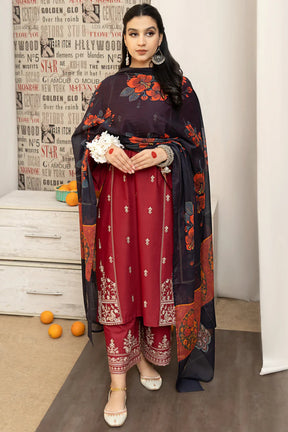 URGE - 3PC DHANAK EMBROIDERED SHIRT WITH COUTURE PRINTED SHAWL AND EMB TROUSER-ADR-3205