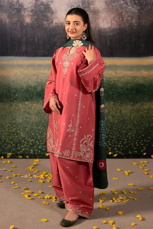 URGE-3PC DHANAK EMBROIDERED SHIRT WITH COURTRAI PRINTED SHAWL AND EMB TROUSER-ADR-4203