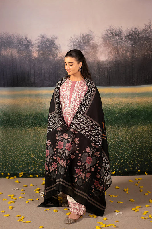 URGE-3PC DHANAK EMBROIDERED SHIRT WITH COUTRAI WOOL PRINTED SHAWL AND EMB TROUSER-ADR-4086