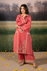 URGE-3PC DHANAK EMBROIDERED SHIRT WITH COURTRAI PRINTED SHAWL AND EMB TROUSER-ADR-4204