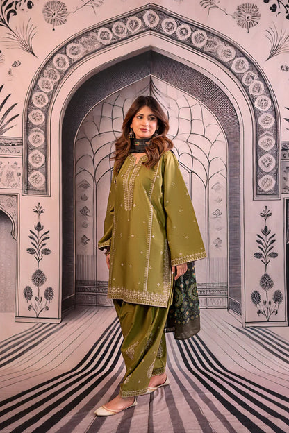 URGE-3PC DHANAK EMBROIDERED SHIRT WITH COUTRAI PRINTED SHAWL & EMB TROUSER-ADR-4126