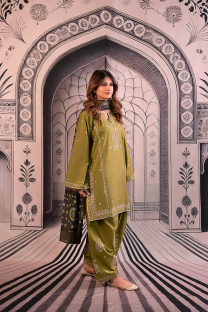 URGE-3PC DHANAK EMBROIDERED SHIRT WITH COUTRAI PRINTED SHAWL & EMB TROUSER-ADR-4126