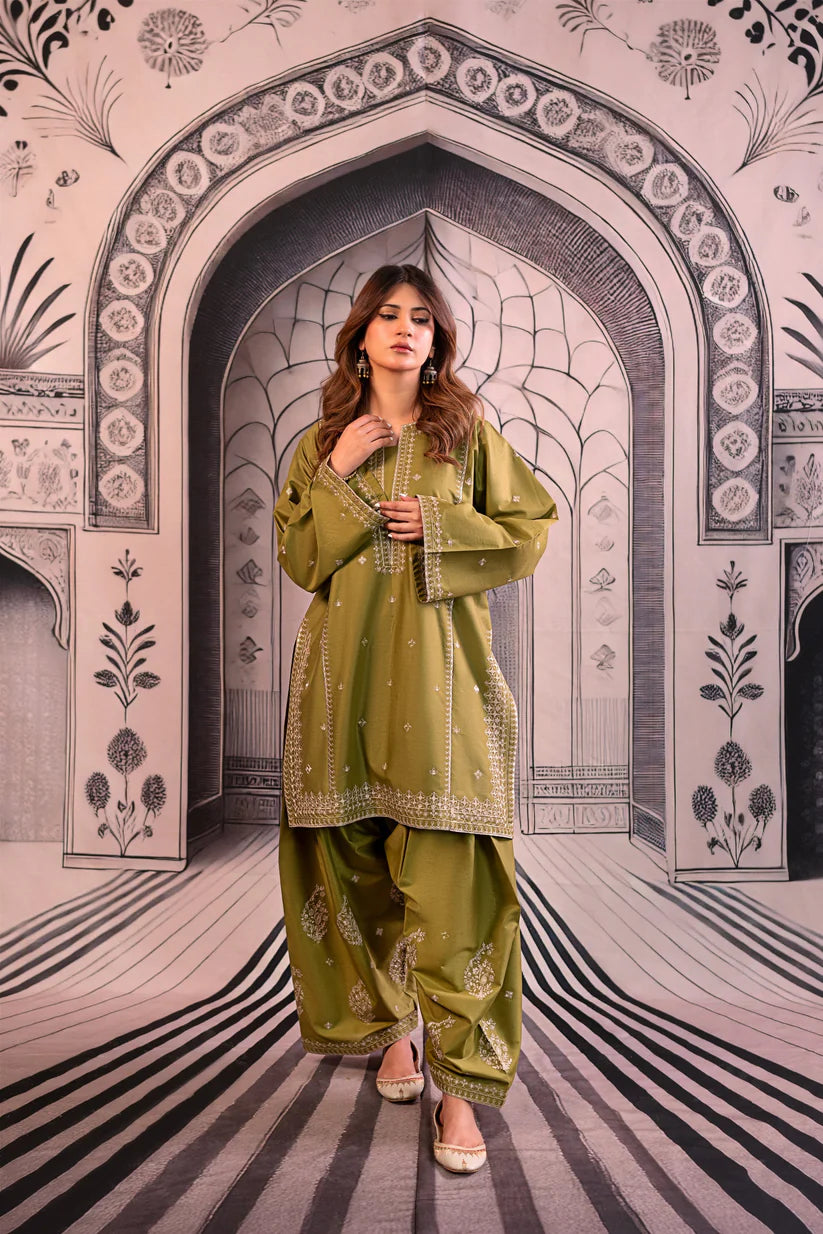URGE-3PC DHANAK EMBROIDERED SHIRT WITH COUTRAI PRINTED SHAWL & EMB TROUSER-ADR-4126