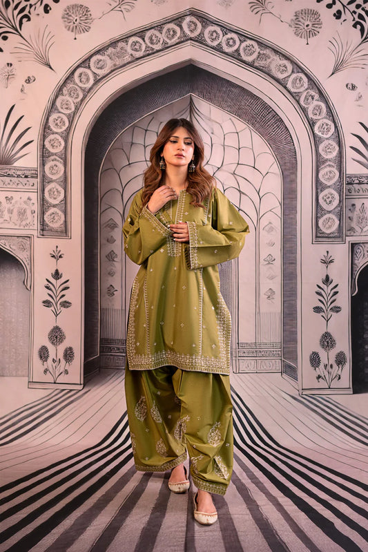 URGE-3PC DHANAK EMBROIDERED SHIRT WITH COUTRAI PRINTED SHAWL & EMB TROUSER-ADR-4126