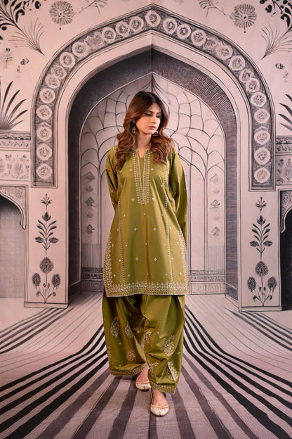 URGE-3PC DHANAK EMBROIDERED SHIRT WITH COUTRAI PRINTED SHAWL & EMB TROUSER-ADR-4126
