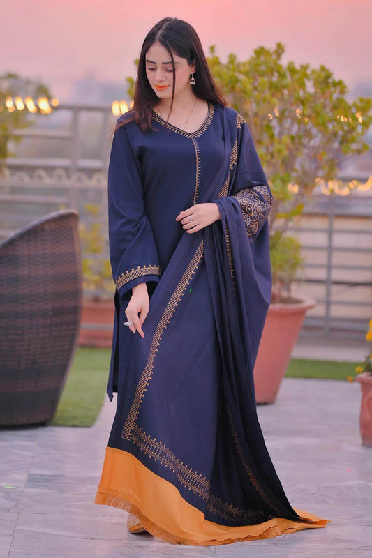 AISLING - 3PC DHANAK EMBROIDERED SHIRT WITH TWILL PRINTED SHAWL AND TROUSER-ADR-3182