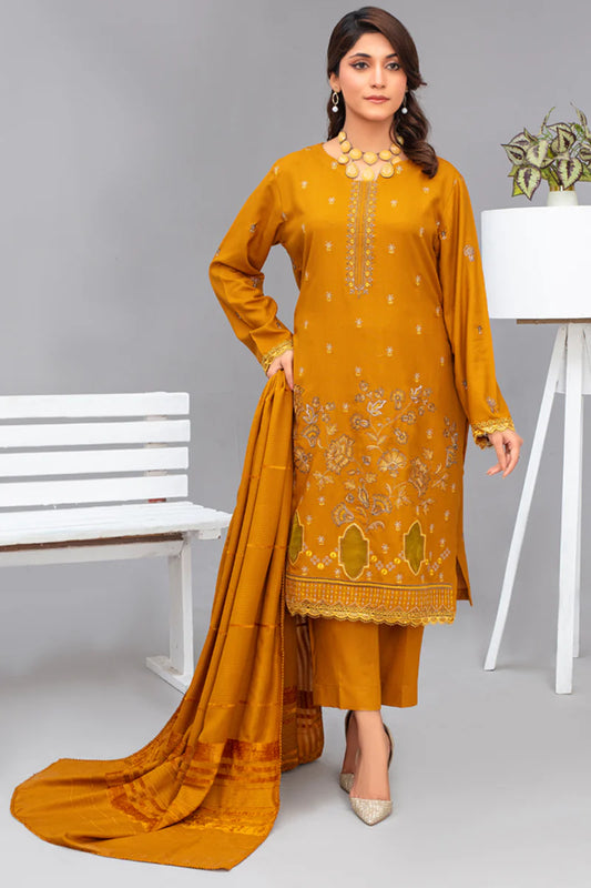 ADR-3PC Dhanak Embroidered Shirt with Velvet Dhanak Shawl and Trouser-ADR-2678- Y