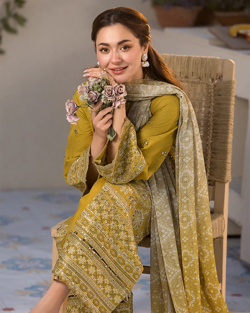JADE-3PC LAWN EMBROIDERED SHIRT WITH MONARK PRINT DUPATTA & TROUSER-ADR-3732