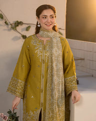 JADE-3PC DHANAK SEQUINS EMBROIDERED SHIRT WITH WOOL PRINTED EMB SHAWL & TROUSER-ADR-5103