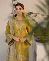 JADE-3PC DHANAK SEQUINS EMBROIDERED SHIRT WITH WOOL PRINTED EMB SHAWL & TROUSER-ADR-5103