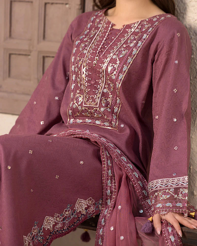 JADE-3PC LAWN SEQUENCE EMBROIDERED SHIRT WITH CHIFFON EMBROIDERED DUPATTA AND TROUSER-ADR-3744